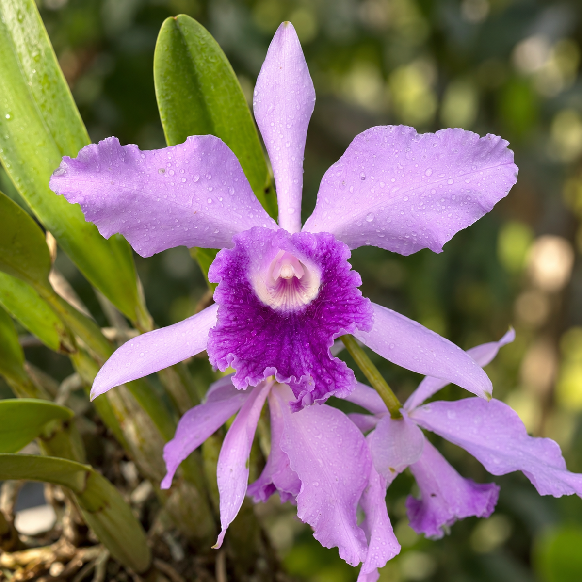 A close-up of a purple orchid flower Cattleya Paola Matano shown with water droplets, surrounded by green leaves against a soft, blurred green background.
