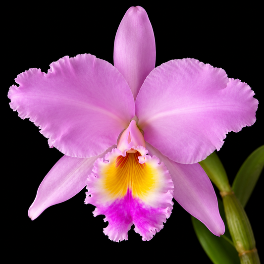 A single pink orchid flower from Cattleya gaskelliana with a bright yellow and magenta center, photographed against a solid black background with green leaves visible at the lower right.